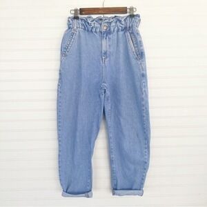 Zara Paperbag Waist Jeans Small Light Wash High Rise Ruffle Denim Mom Pants